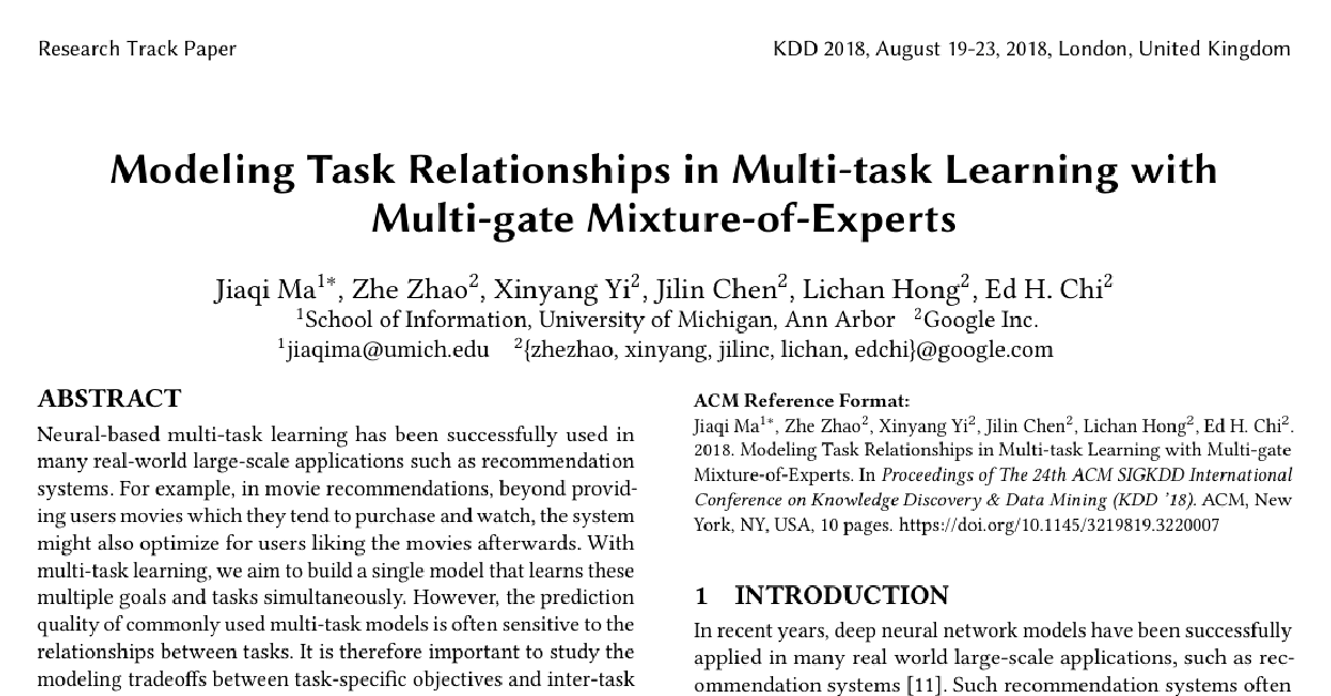 Modeling Task Relationships in Multi-task Learning with Multi-gate Mixture-of-Experts cover