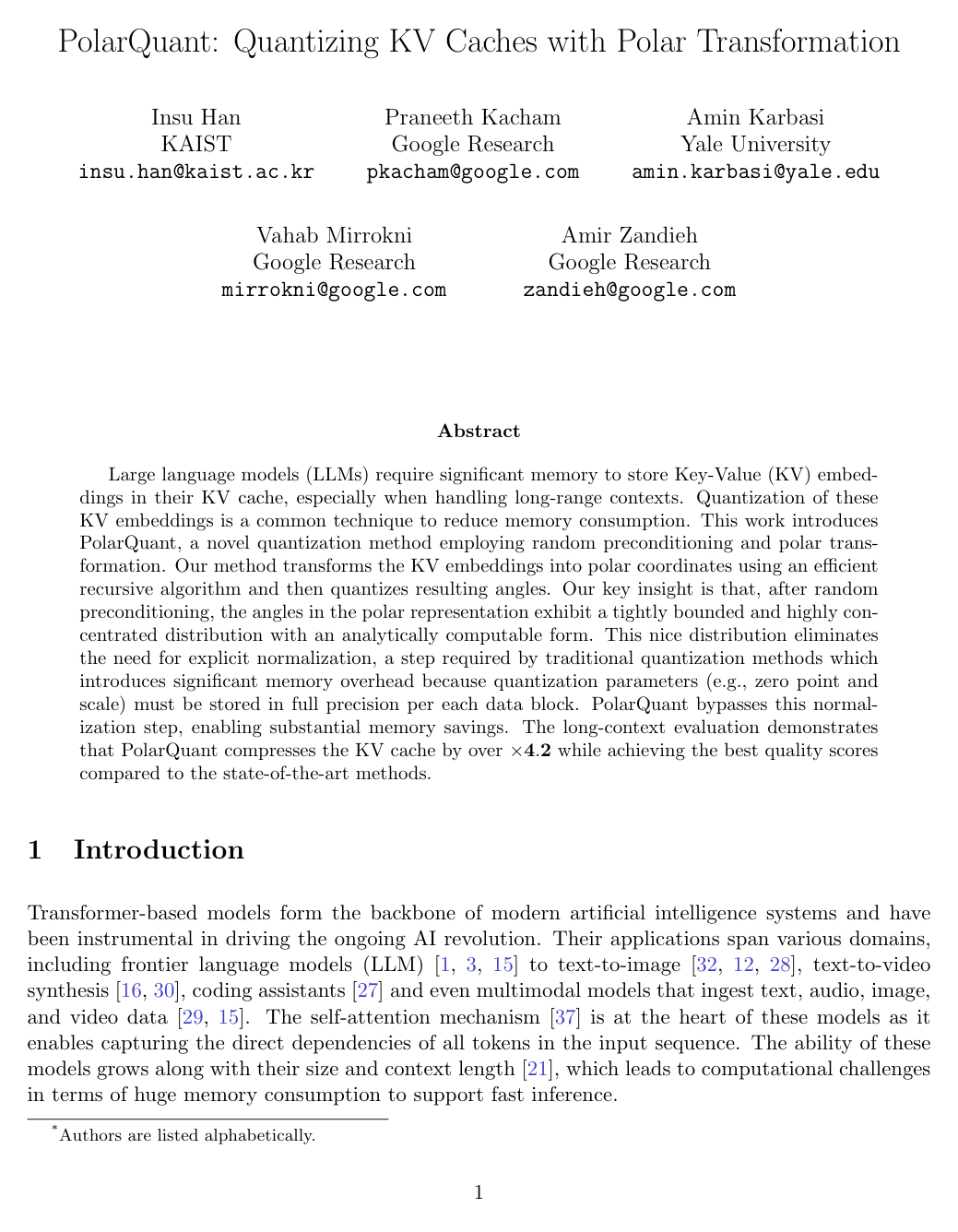 PolarQuant: Quantizing KV Caches with Polar Transformation