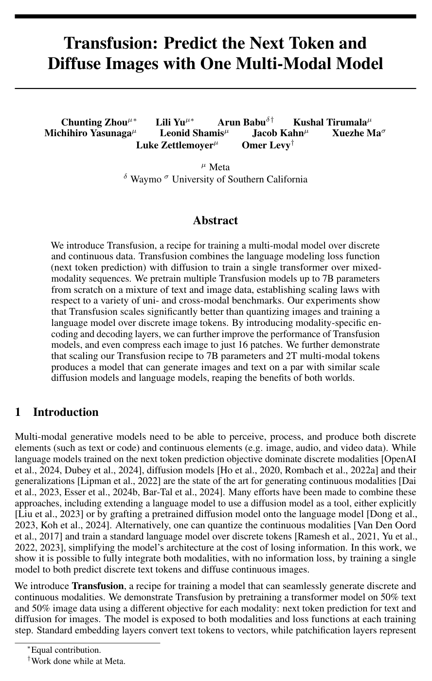 Transfusion: Predict the Next Token and Diffuse Images with One Multi-Modal Model