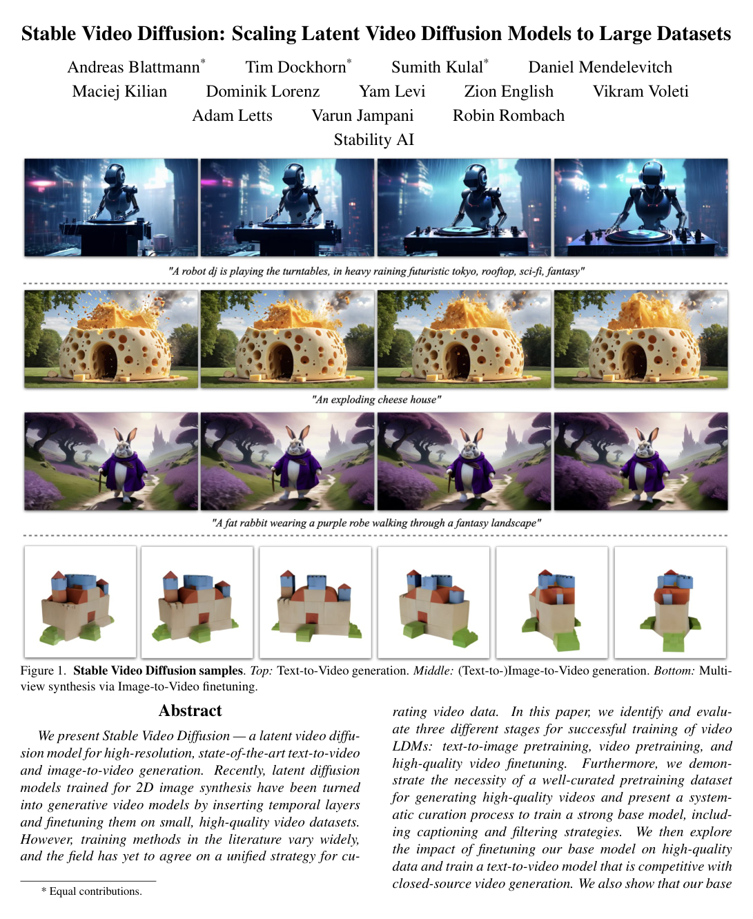 Stable Video Diffusion: Scaling Latent Video Diffusion Models to Large Datasets