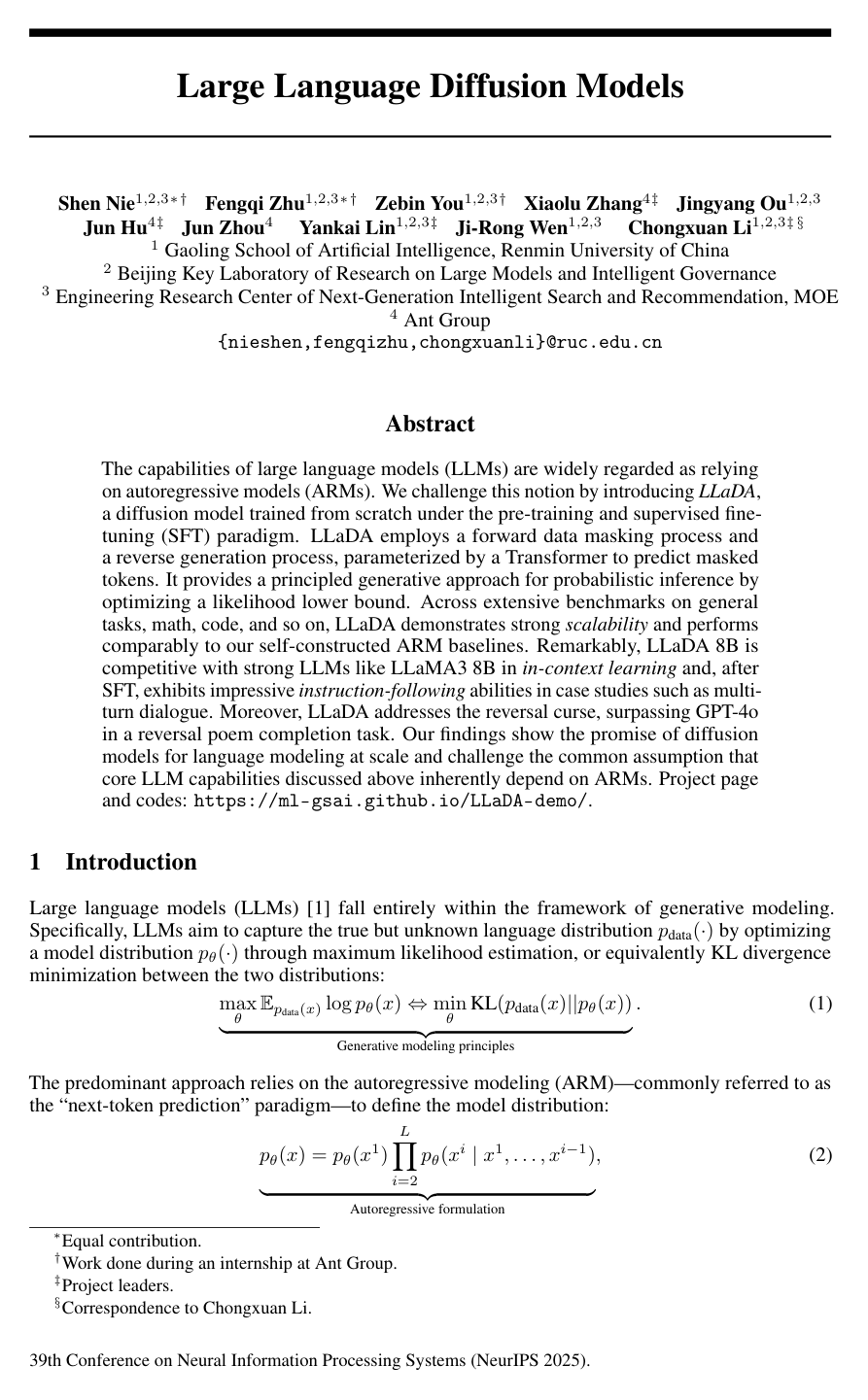 Large Language Diffusion Models
