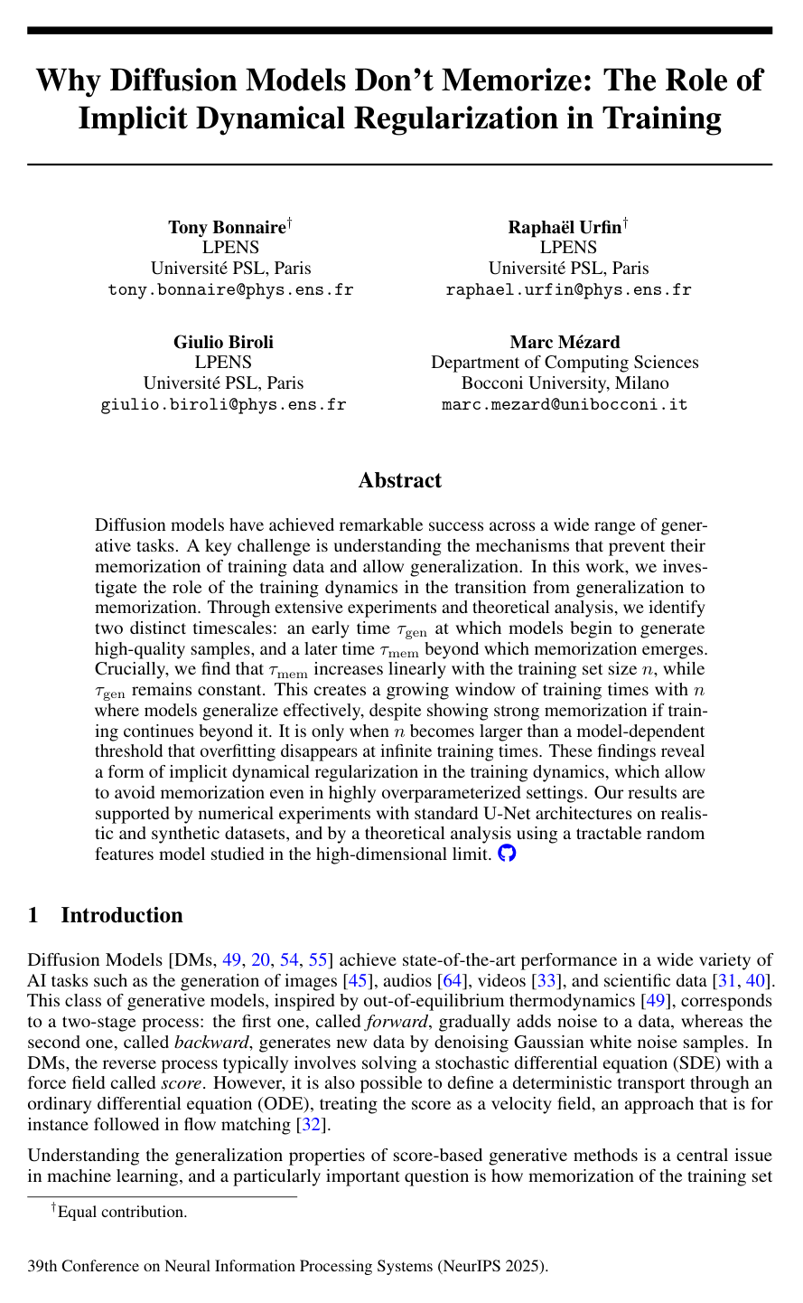 Why Diffusion Models Don't Memorize: The Role of Implicit Dynamical Regularization in Training