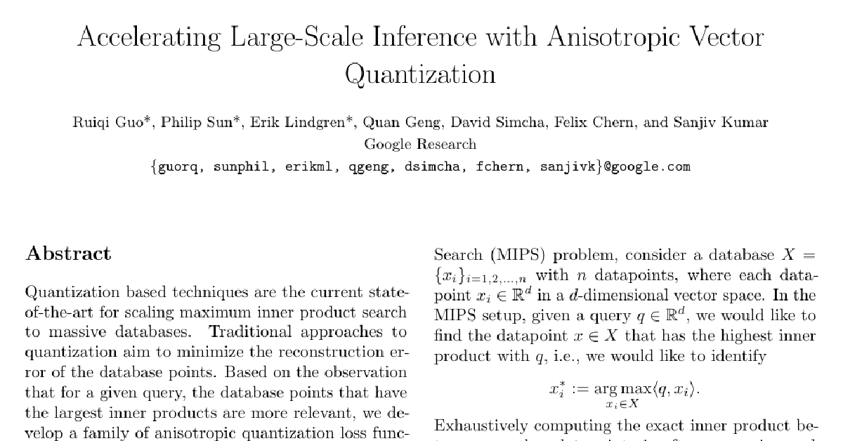 Accelerating Large-Scale Inference with Anisotropic Vector Quantization cover