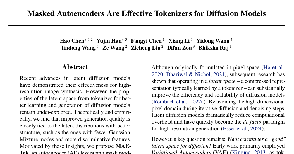 Masked Autoencoders Are Effective Tokenizers for Diffusion Models cover
