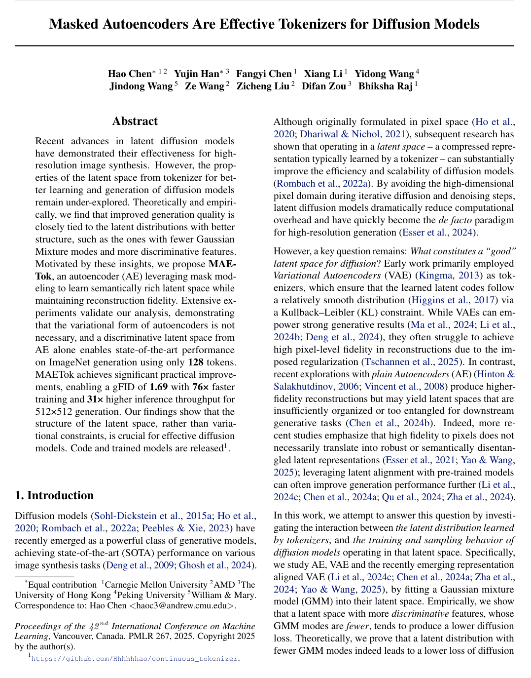 Masked Autoencoders Are Effective Tokenizers for Diffusion Models