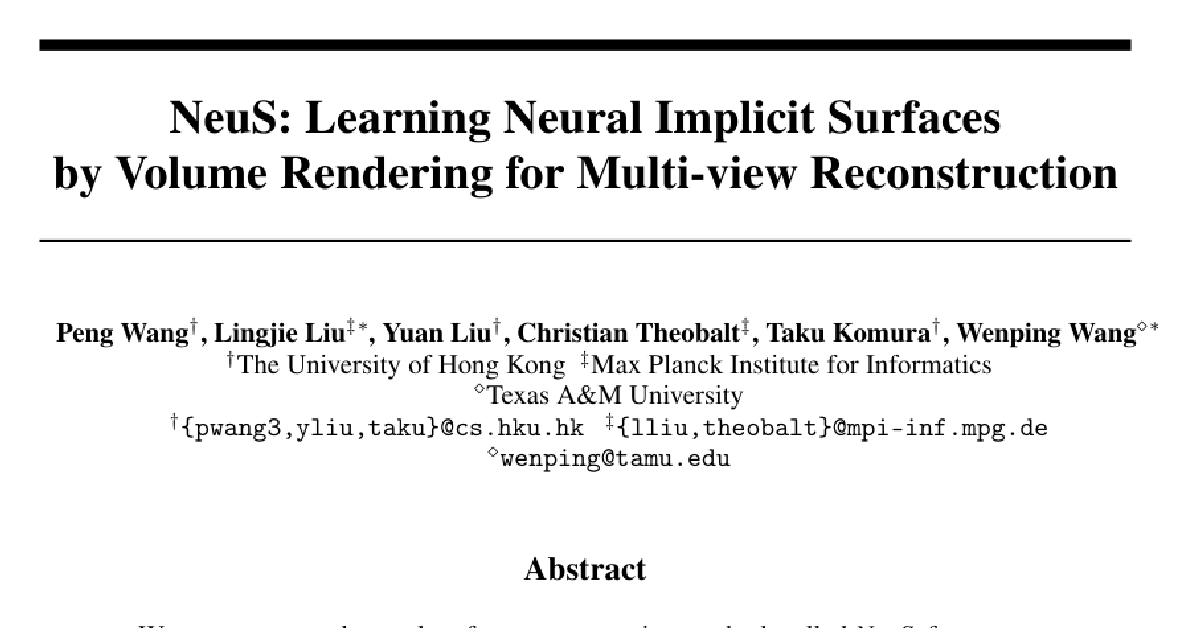 NeuS: Learning Neural Implicit Surfaces by Volume Rendering for Multi-view Reconstruction cover