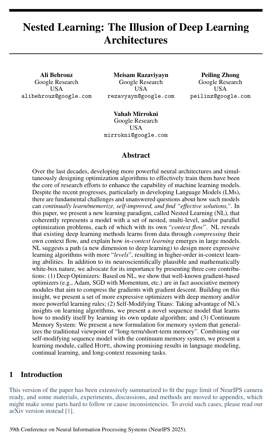 Nested Learning: The Illusion of Deep Learning Architectures