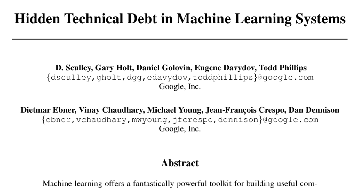 Hidden Technical Debt in Machine Learning Systems cover