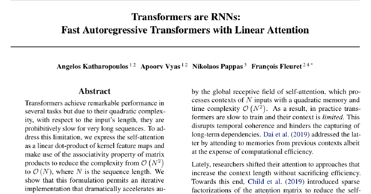 Transformers are RNNs: Fast Autoregressive Transformers with Linear Attention cover