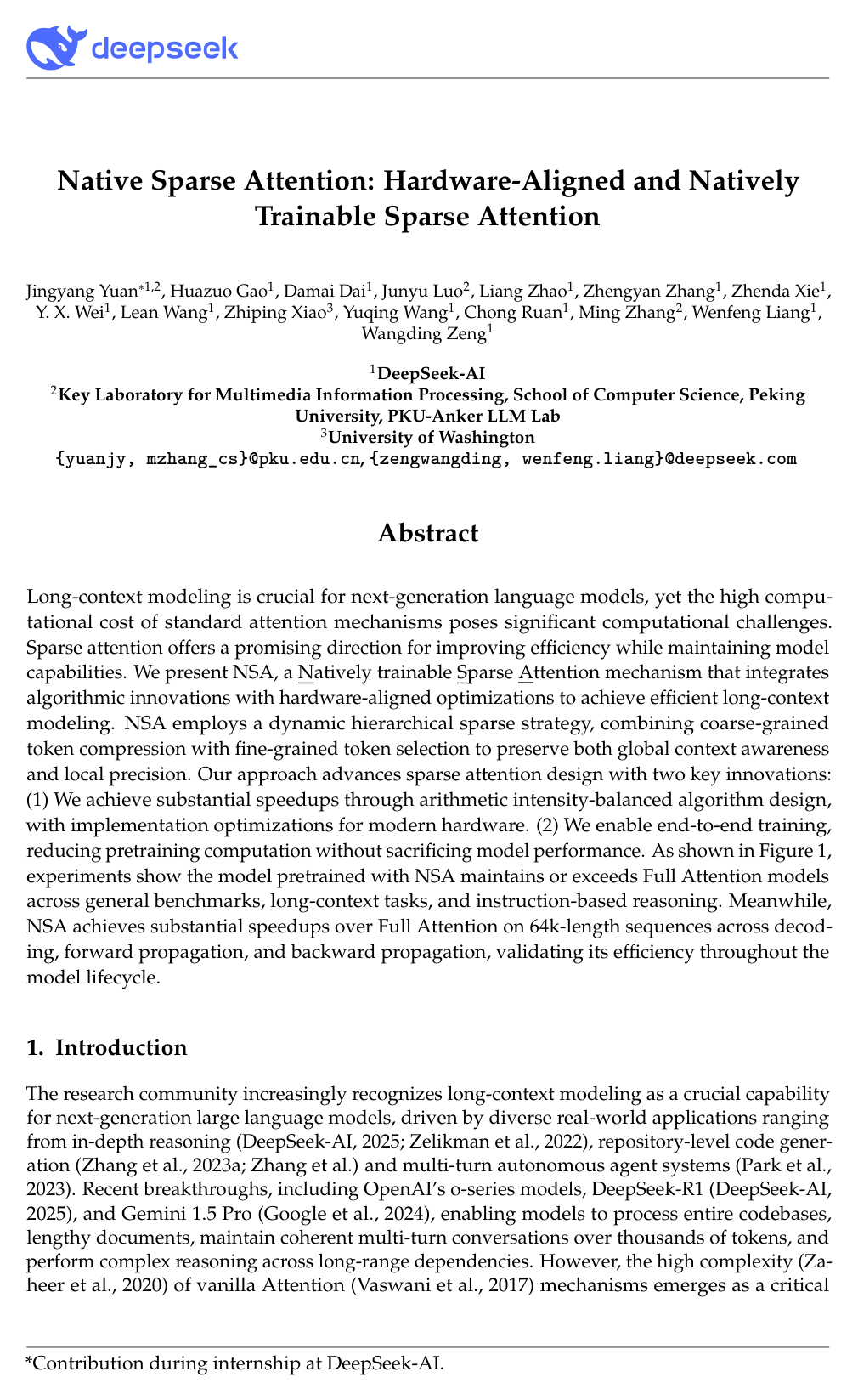 Native Sparse Attention: Hardware-Aligned and Natively Trainable Sparse Attention