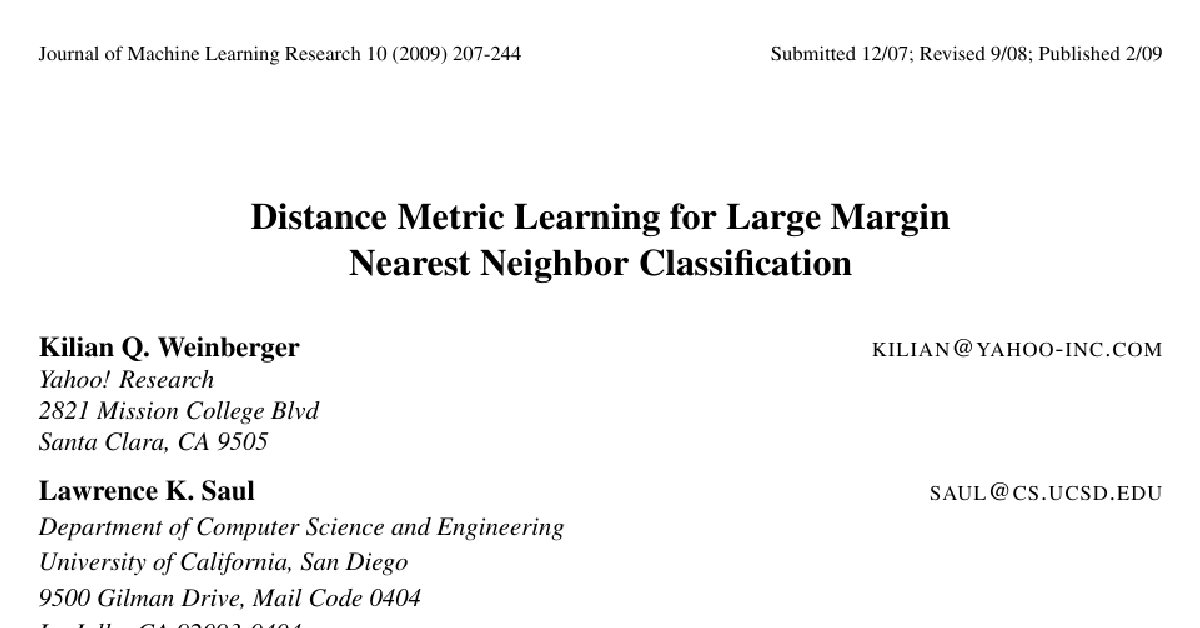 Distance Metric Learning for Large Margin Nearest Neighbor Classification cover