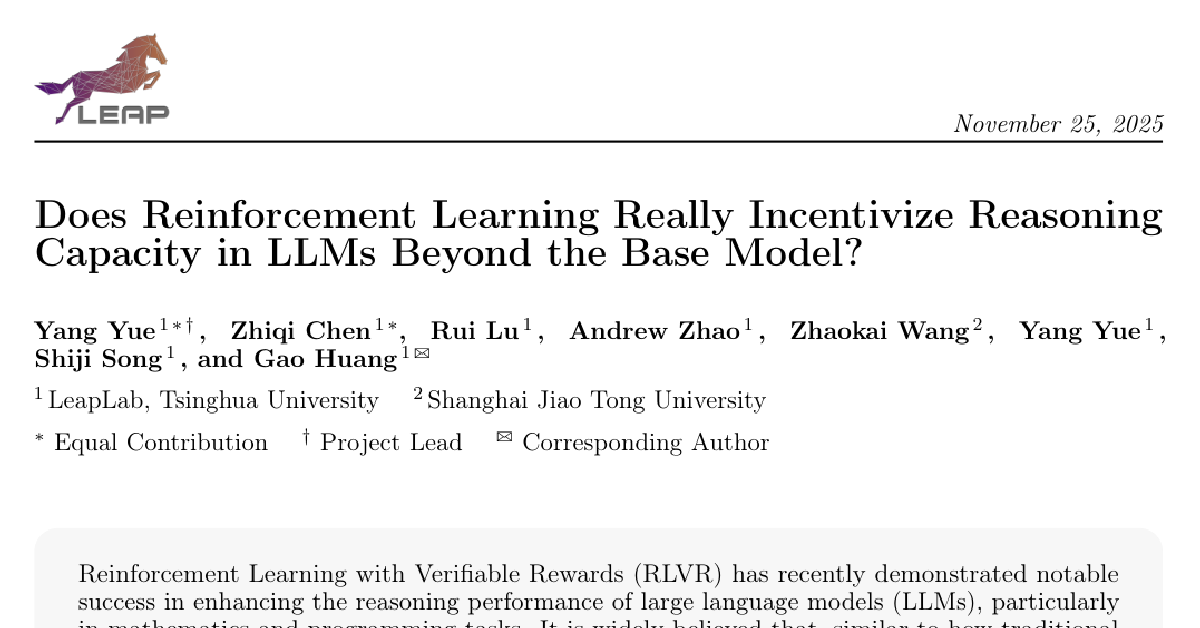 Does Reinforcement Learning Really Incentivize Reasoning Capacity in LLMs Beyond the Base Model? cover