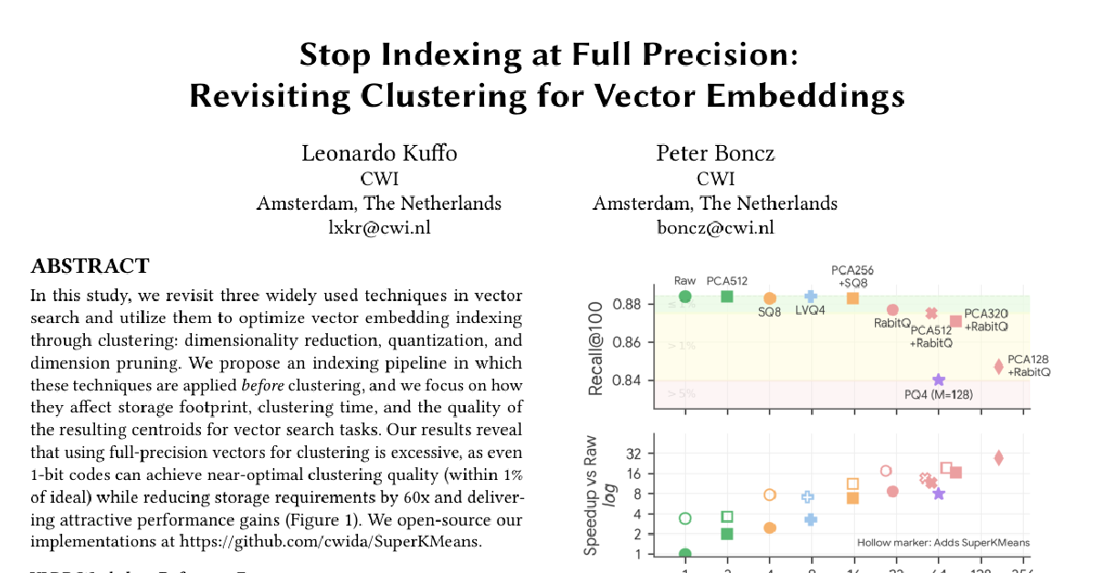 Stop Indexing at Full Precision: Revisiting Clustering for Vector Embeddings cover