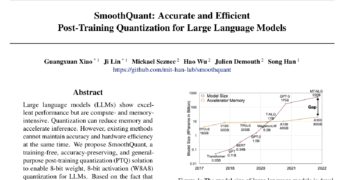 SmoothQuant: Accurate and Efficient Post-Training Quantization for Large Language Models cover