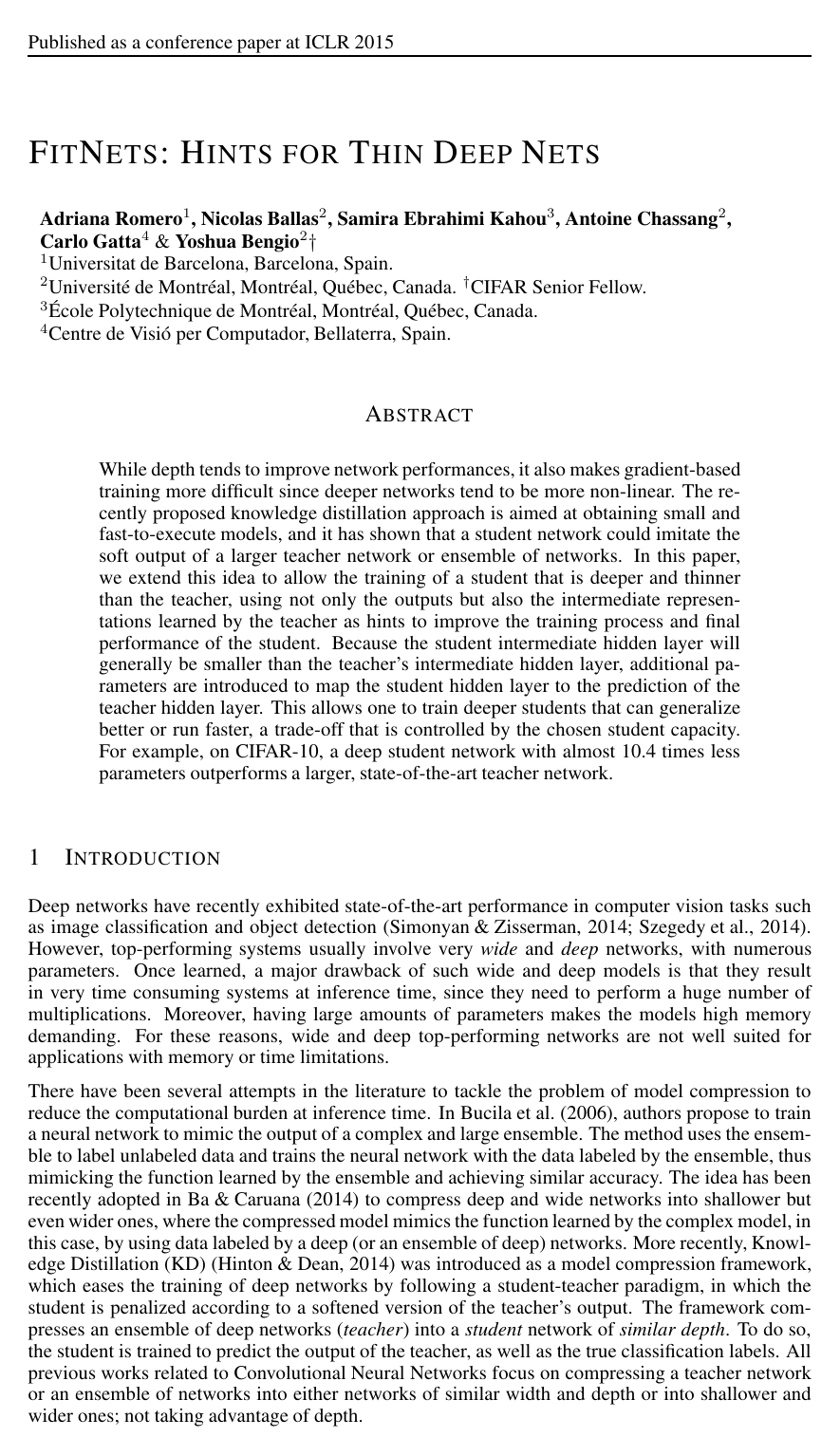 FitNets: Hints for Thin Deep Nets