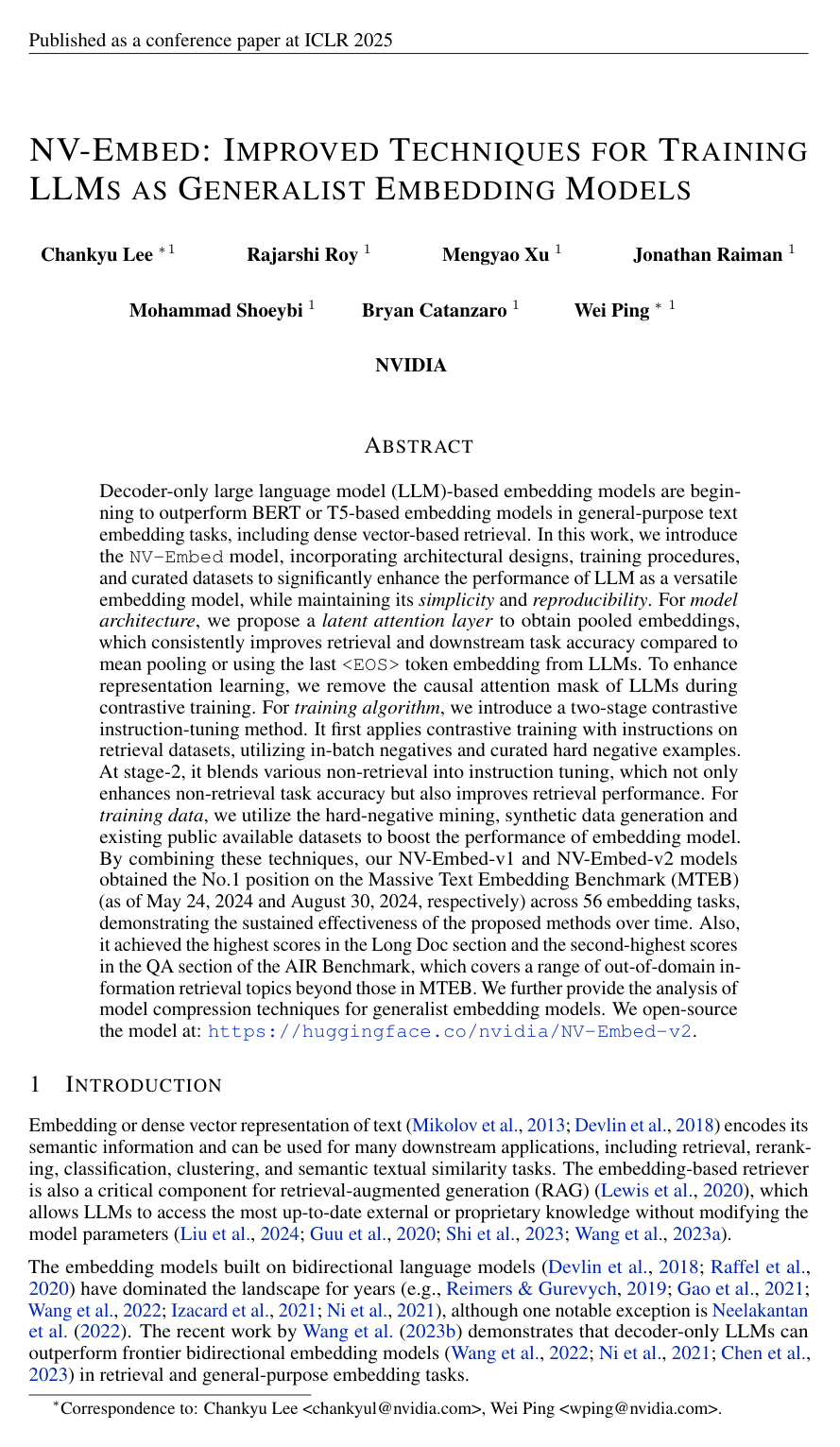 NV-Embed: Improved Techniques for Training LLMs as Generalist Embedding Models