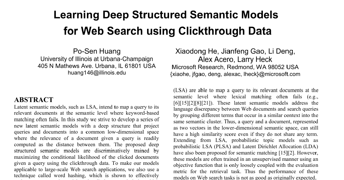 Learning deep structured semantic models for web search using clickthrough data cover