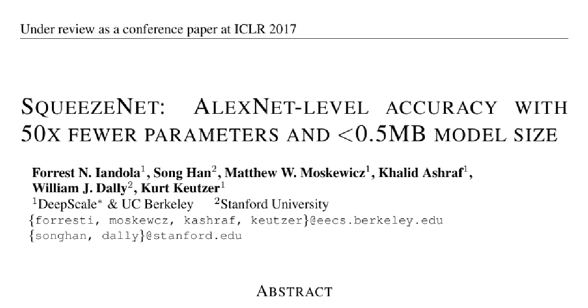 SqueezeNet: AlexNet-level accuracy with 50x fewer parameters and <0.5MB model size cover