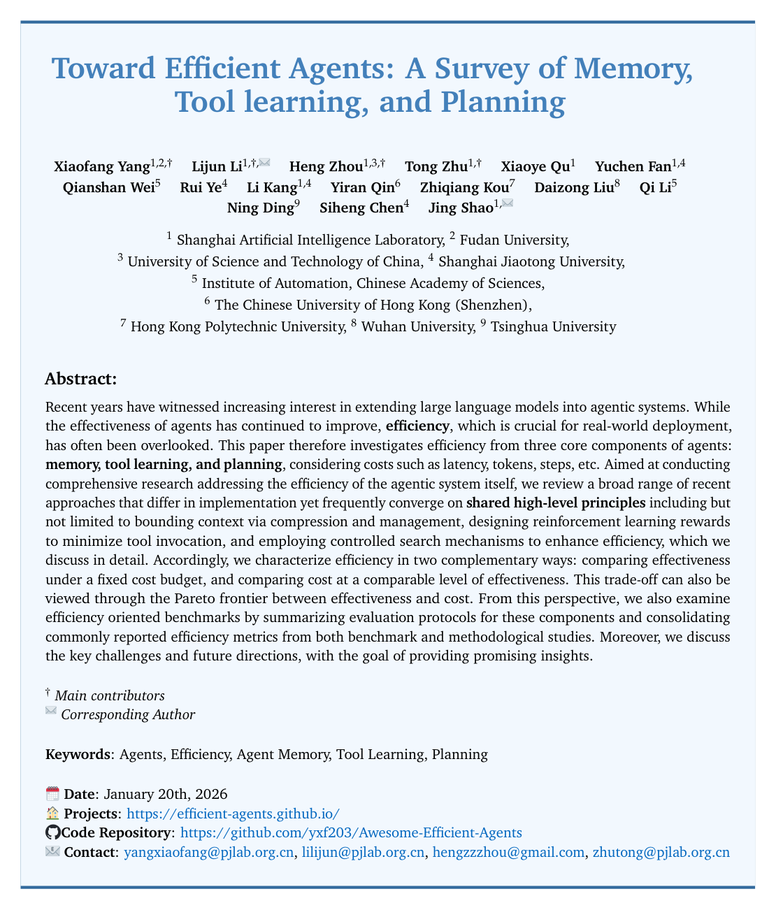 Toward Efficient Agents: Memory, Tool learning, and Planning