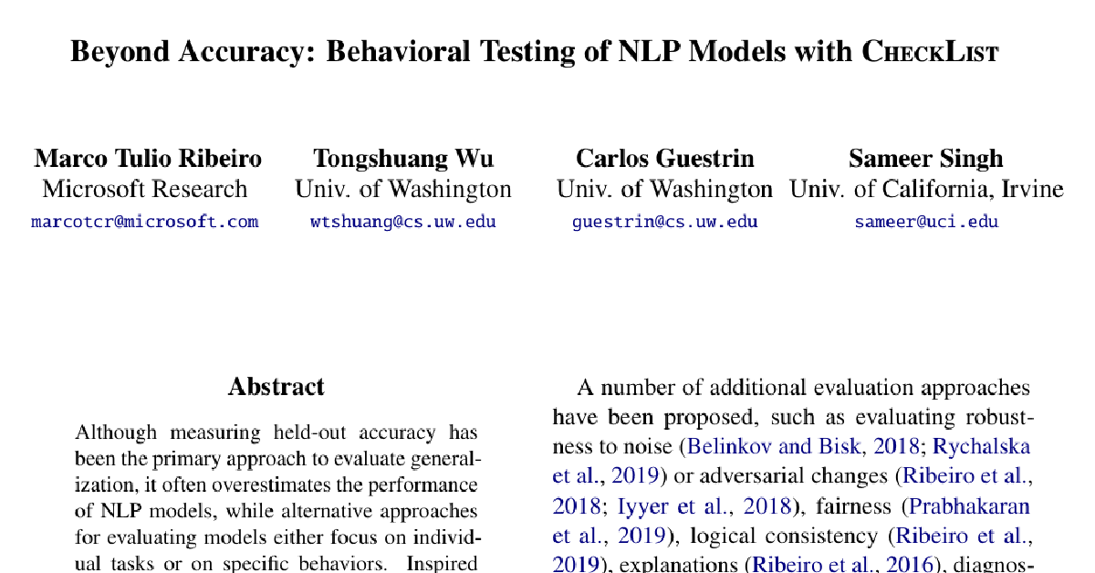 Beyond Accuracy: Behavioral Testing of NLP Models with CheckList cover