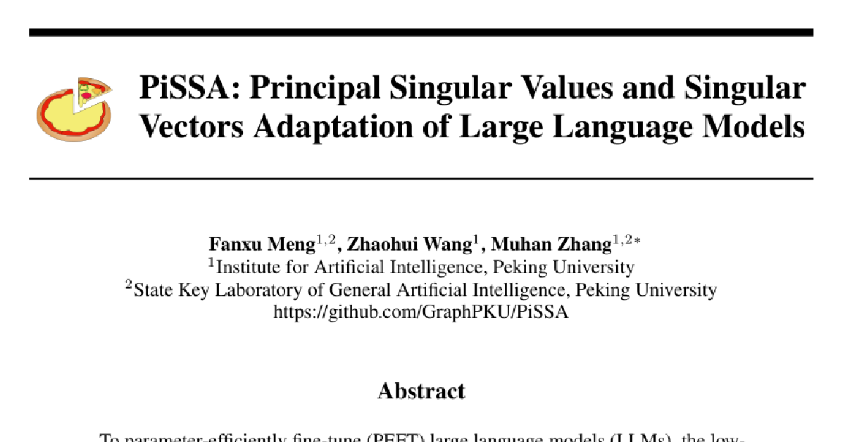PiSSA: Principal Singular Values and Singular Vectors Adaptation of Large Language Models cover