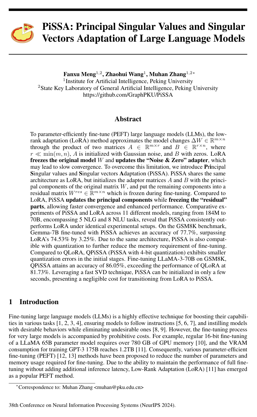 PiSSA: Principal Singular Values and Singular Vectors Adaptation of Large Language Models