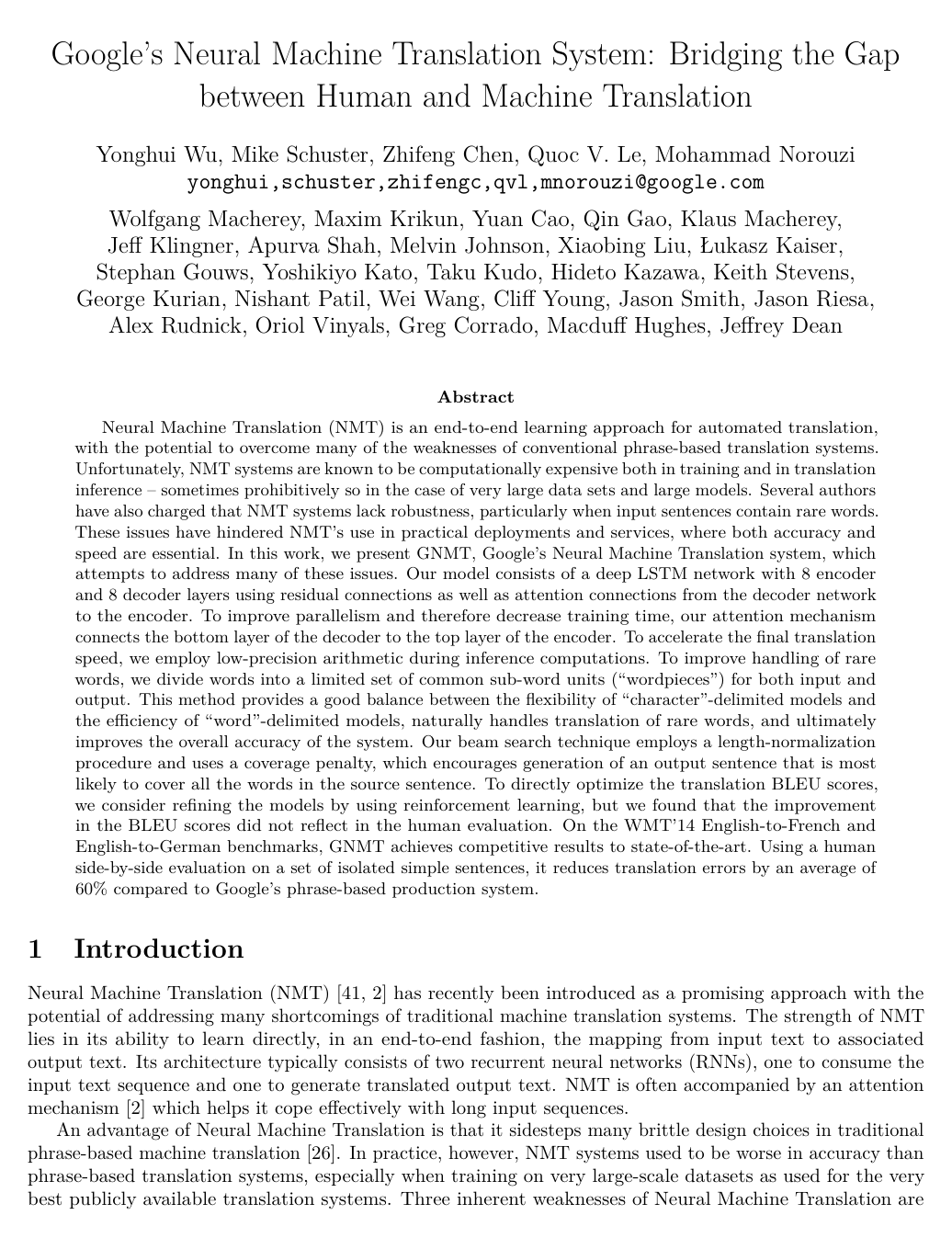 Google's Neural Machine Translation System: Bridging the Gap between Human and Machine Translation