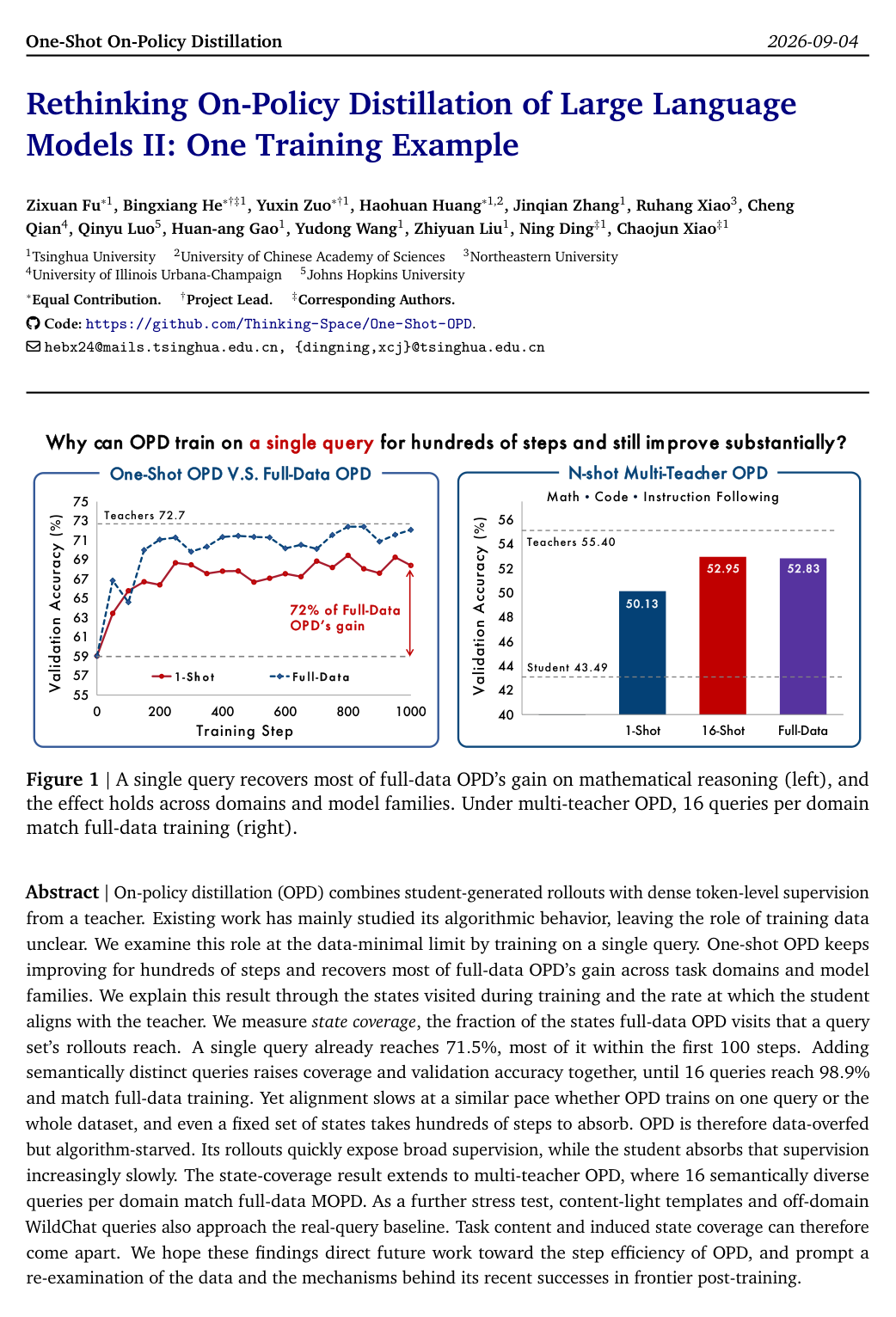 Rethinking On-Policy Distillation of Large Language Models II: One Training Example