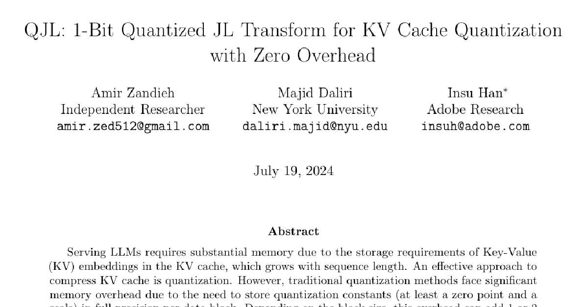QJL: 1-Bit Quantized JL Transform for KV Cache Quantization with Zero Overhead cover