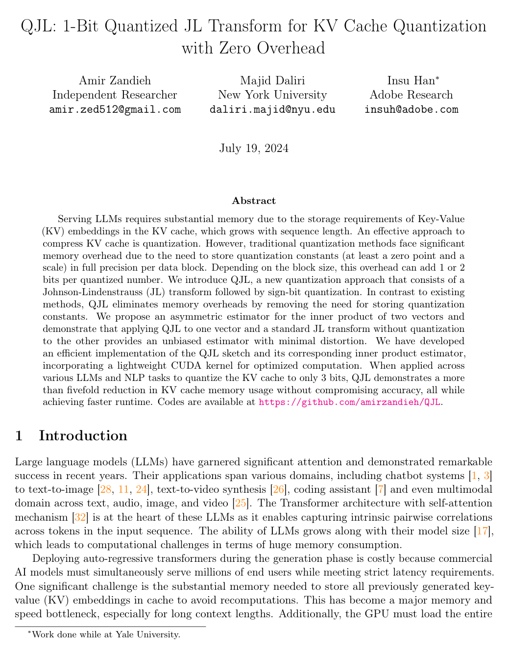 QJL: 1-Bit Quantized JL Transform for KV Cache Quantization with Zero Overhead