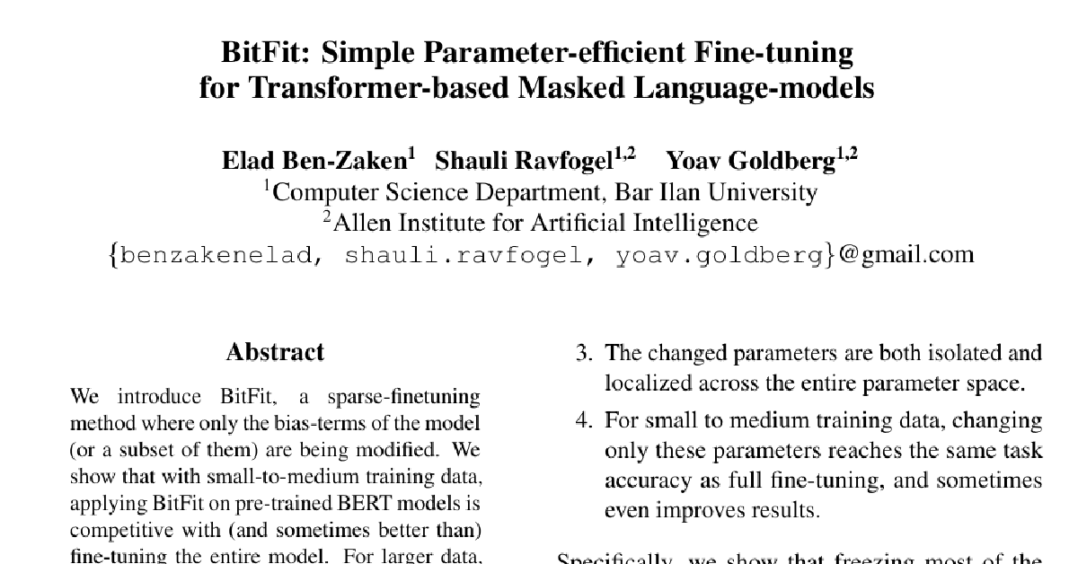 BitFit: Simple Parameter-efficient Fine-tuning for Transformer-based Masked Language-models cover