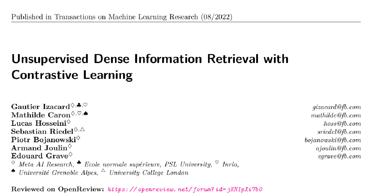 Unsupervised Dense Information Retrieval with Contrastive Learning cover