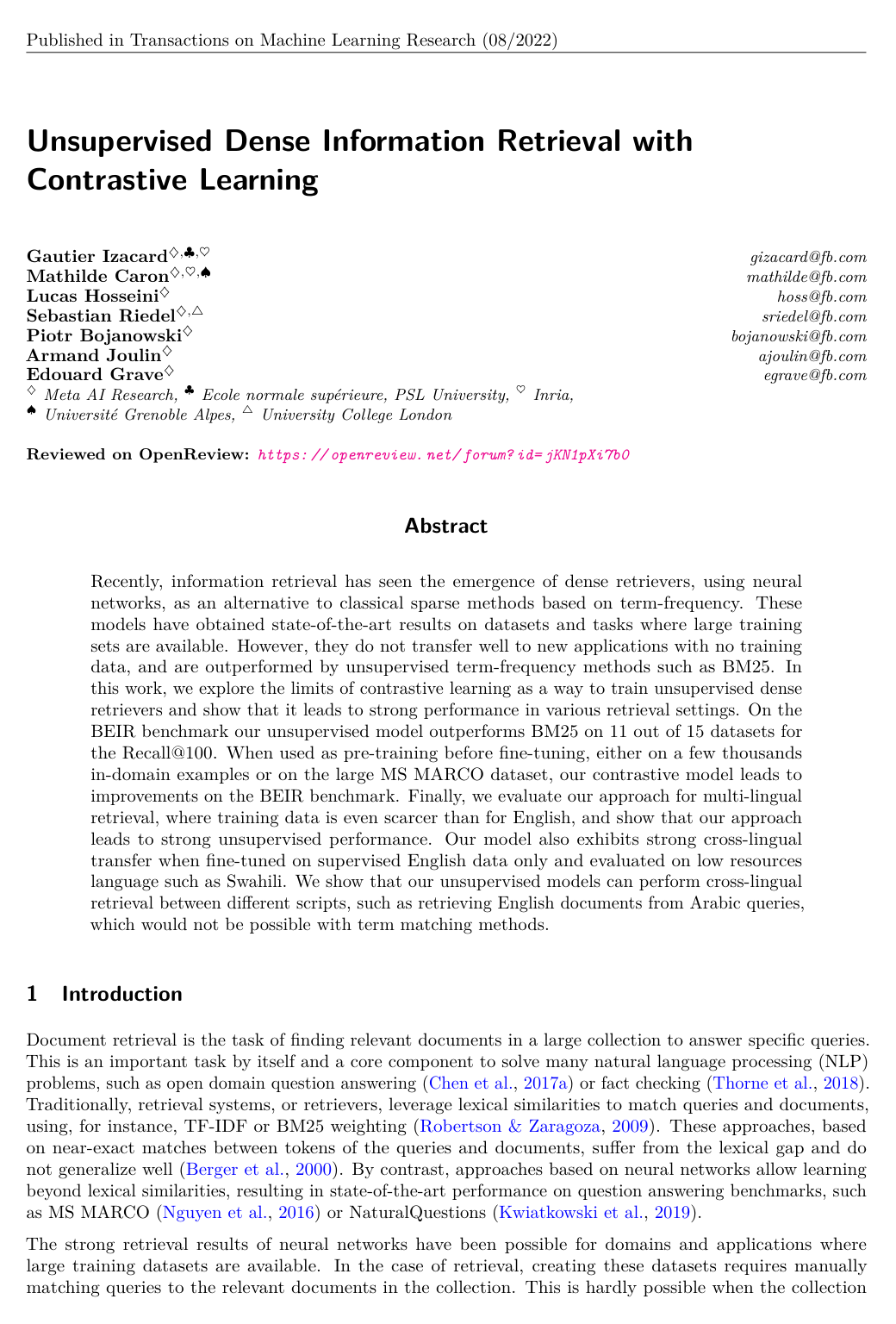 Unsupervised Dense Information Retrieval with Contrastive Learning