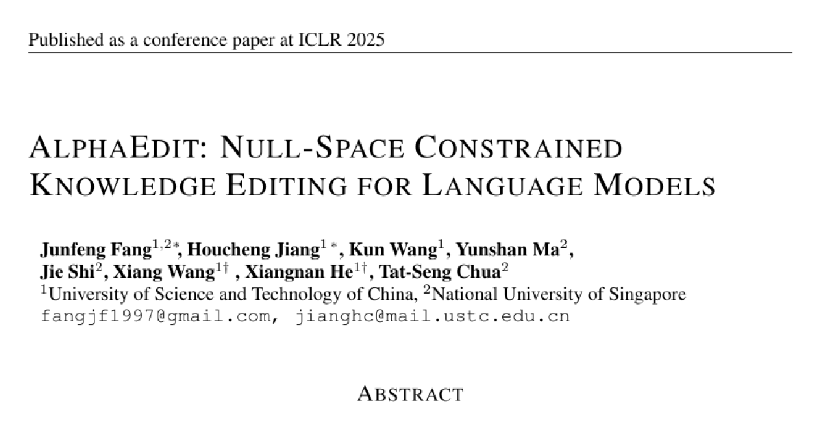AlphaEdit: Null-Space Constrained Knowledge Editing for Language Models cover