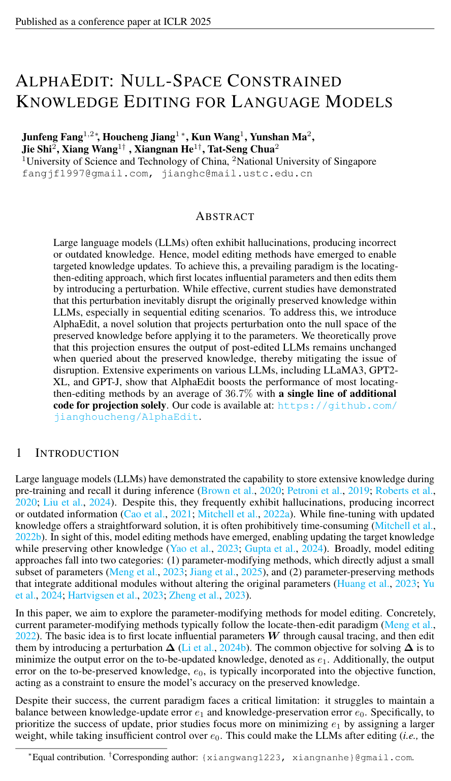 AlphaEdit: Null-Space Constrained Knowledge Editing for Language Models