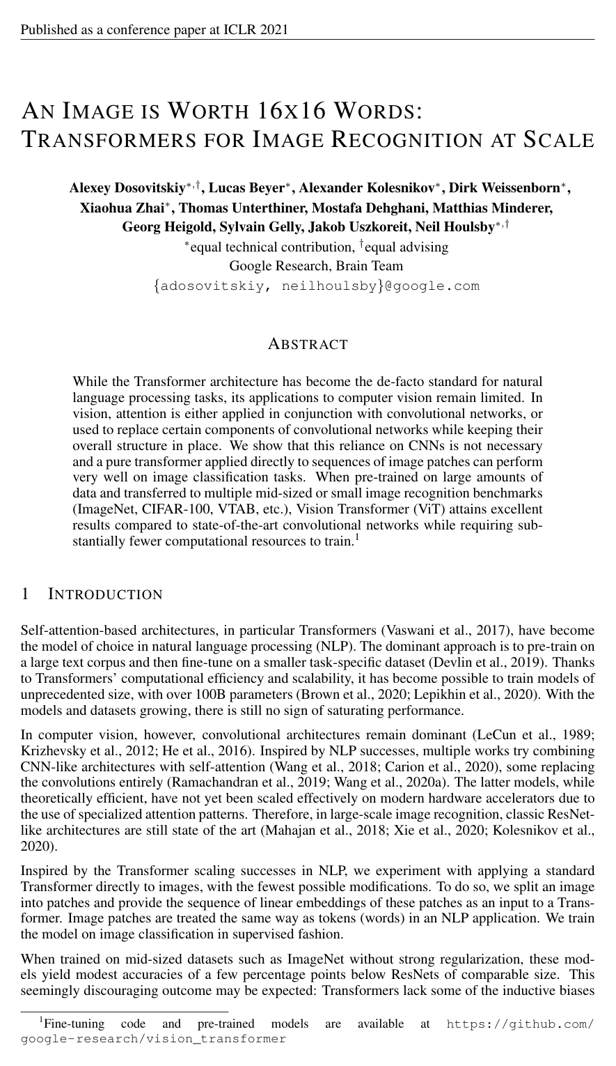 An Image is Worth 16x16 Words: Transformers for Image Recognition at Scale