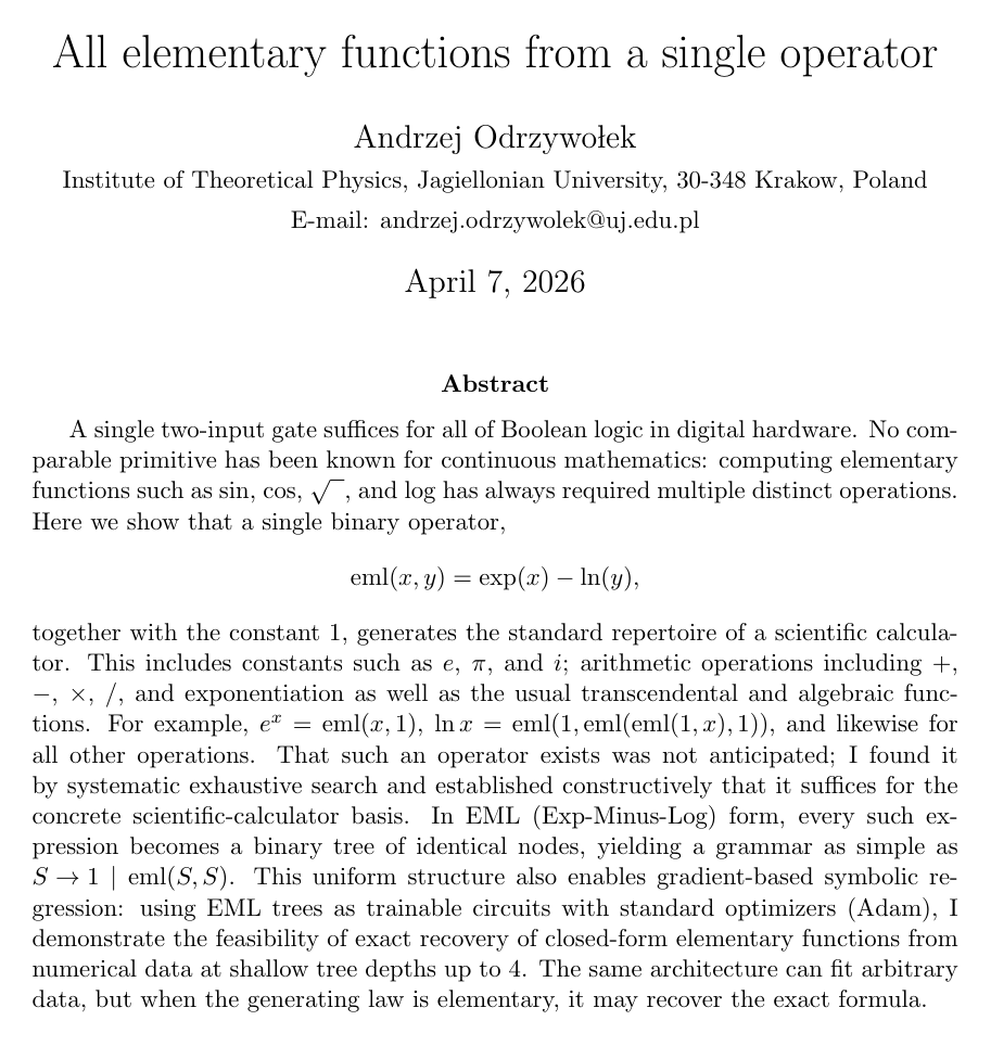 All elementary functions from a single binary operator