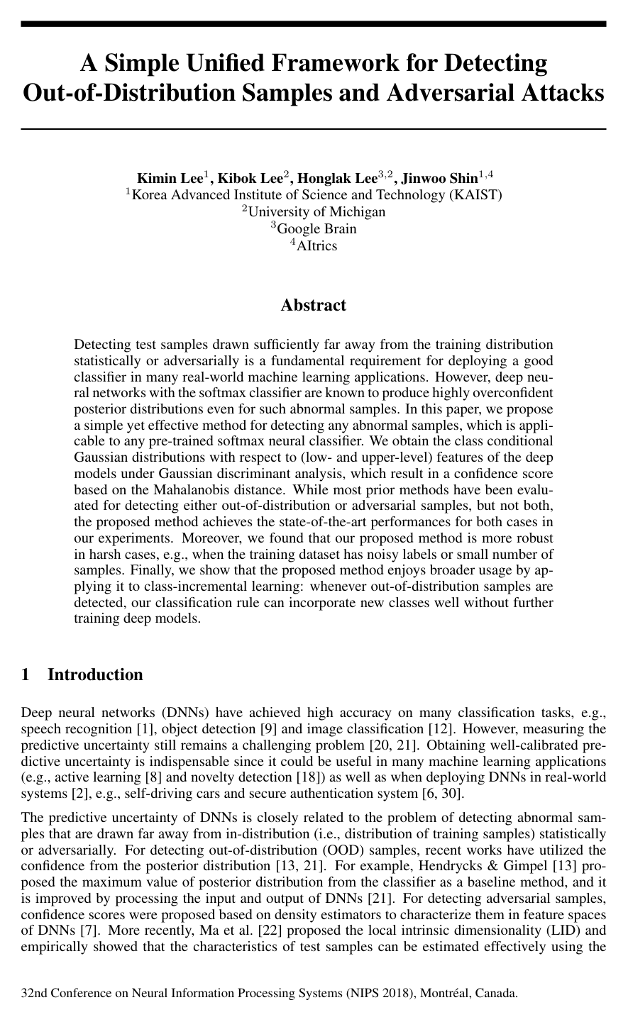 A Simple Unified Framework for Detecting Out-of-Distribution Samples and Adversarial Attacks