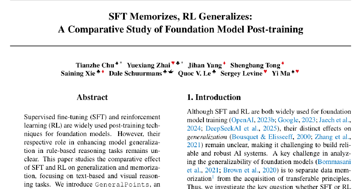 SFT Memorizes, RL Generalizes: A Comparative Study of Foundation Model Post-training cover