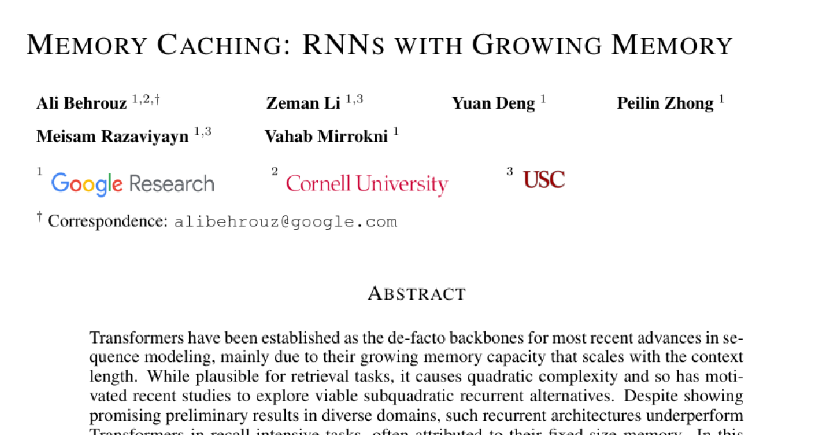 Memory Caching: RNNs with Growing Memory cover