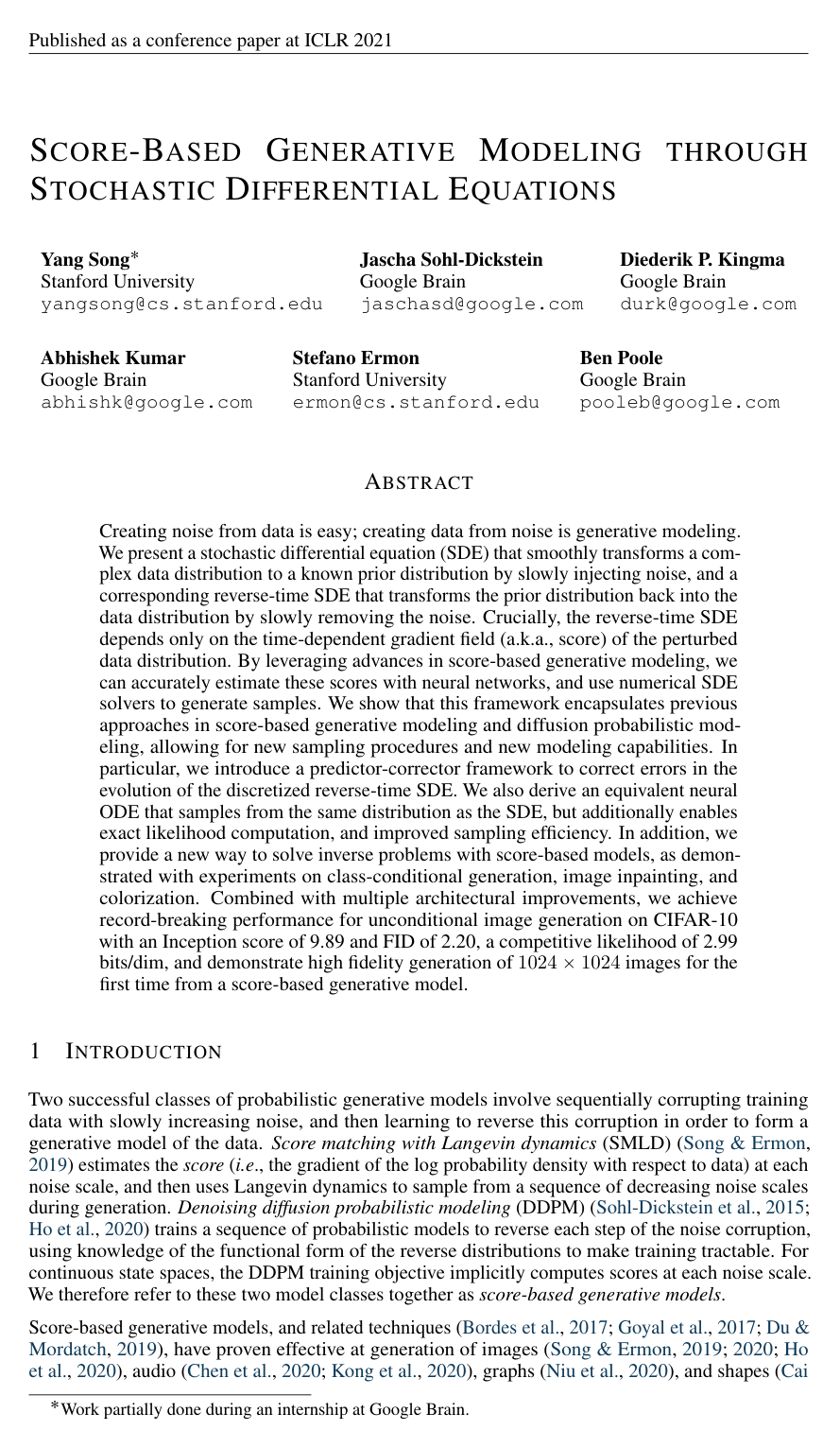 Score-Based Generative Modeling through Stochastic Differential Equations