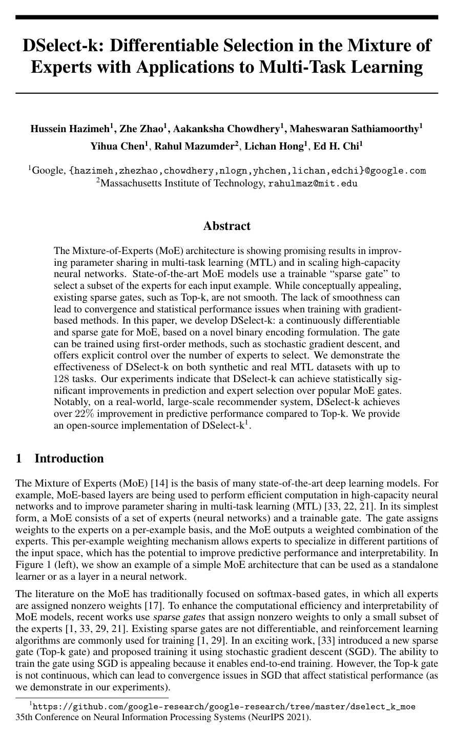 DSelect-k: Differentiable Selection in the Mixture of Experts with Applications to Multi-Task Learning