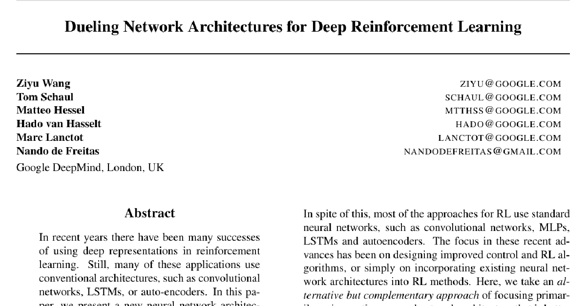 Dueling Network Architectures for Deep Reinforcement Learning cover