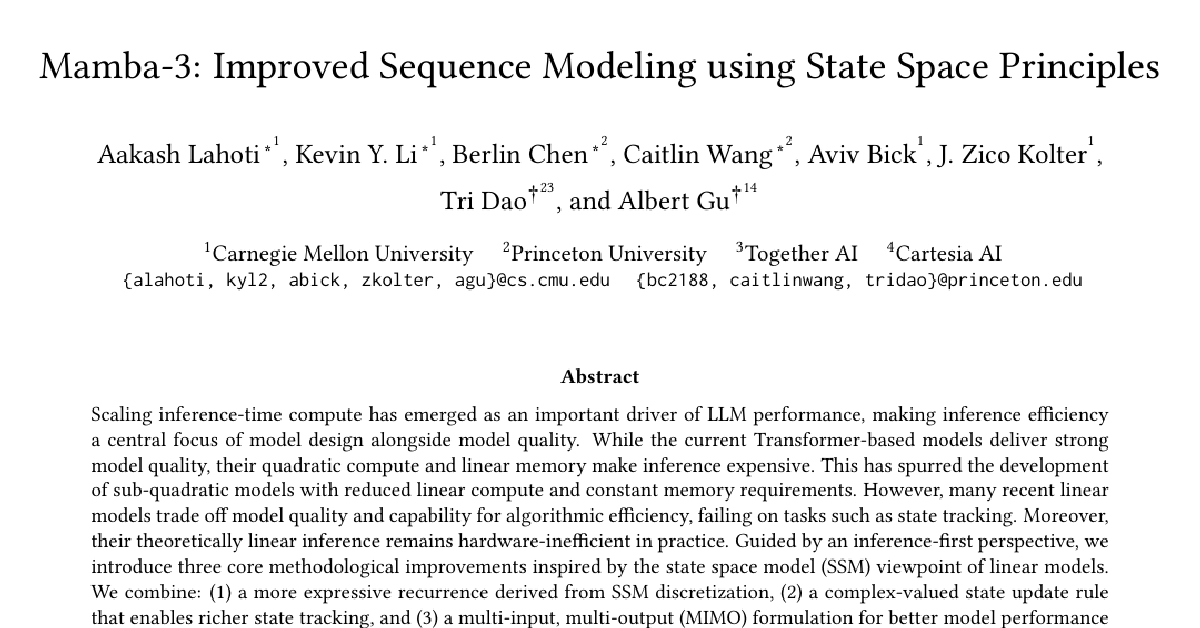 Mamba-3: Improved Sequence Modeling using State Space Principles cover