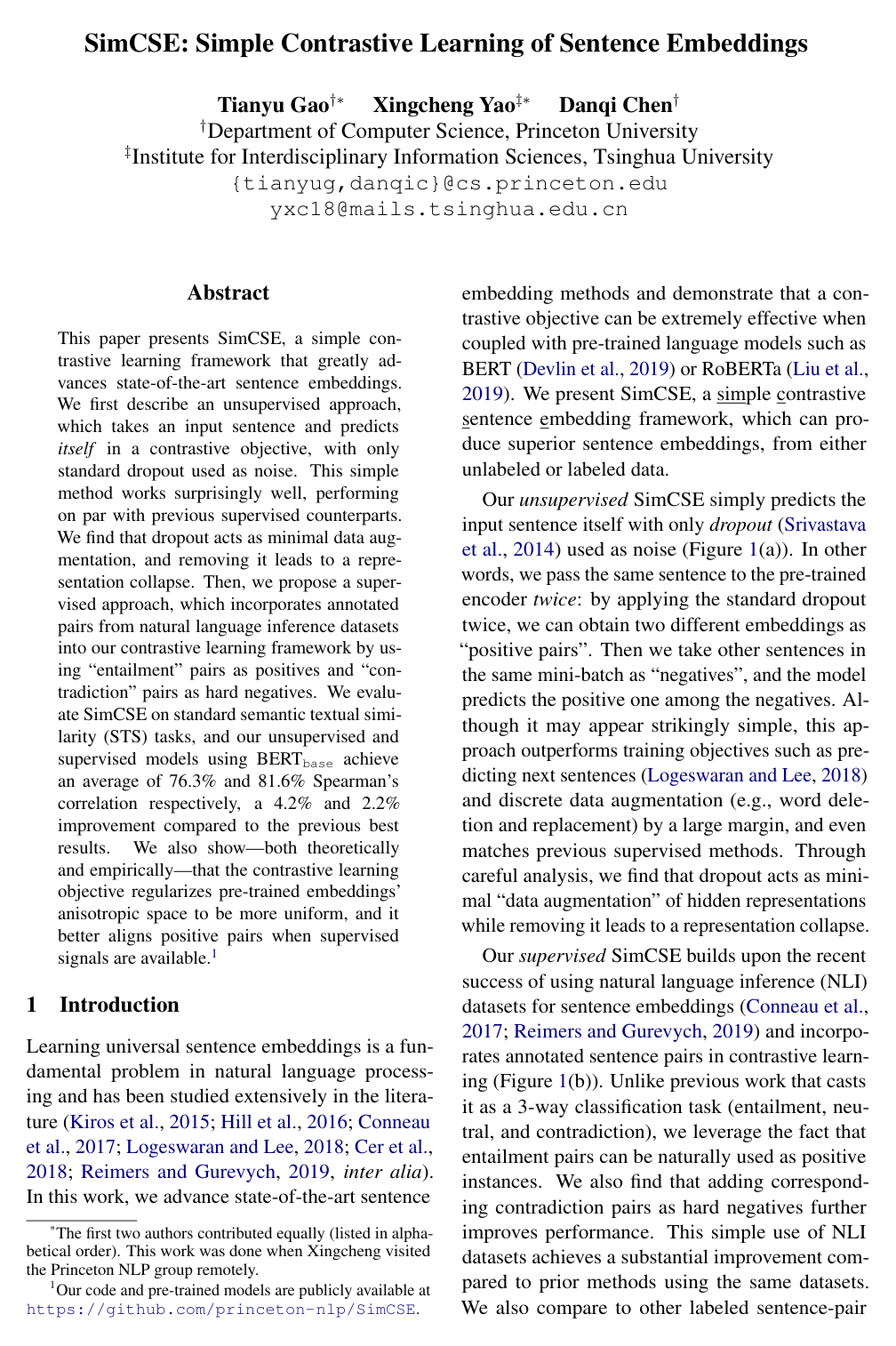 SimCSE: Simple Contrastive Learning of Sentence Embeddings