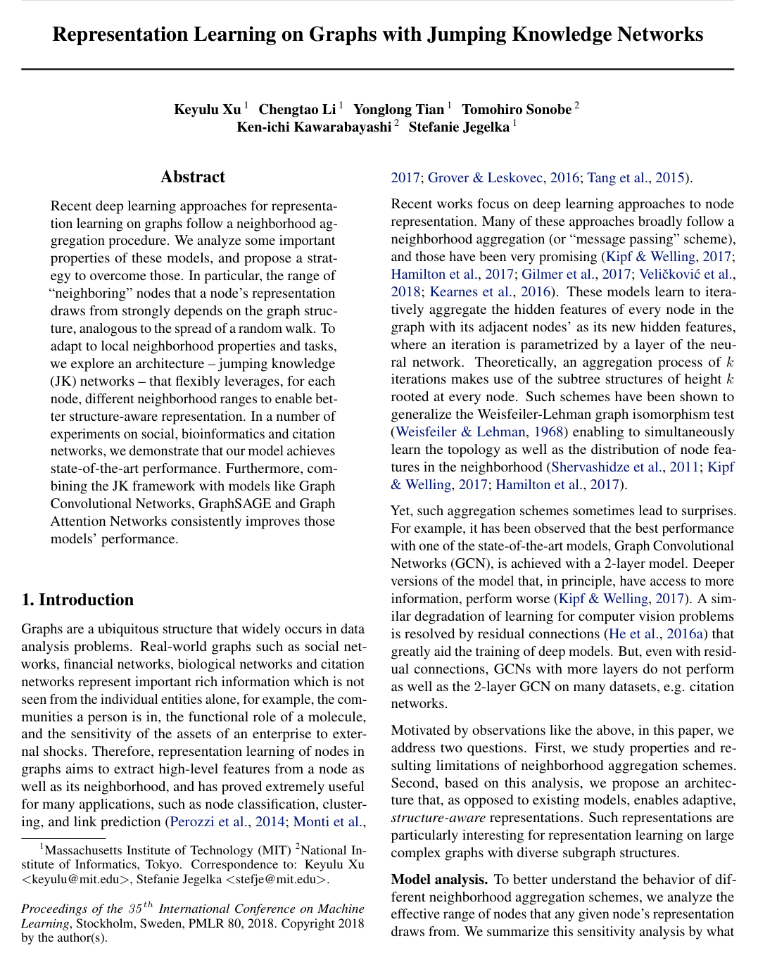Representation Learning on Graphs with Jumping Knowledge Networks