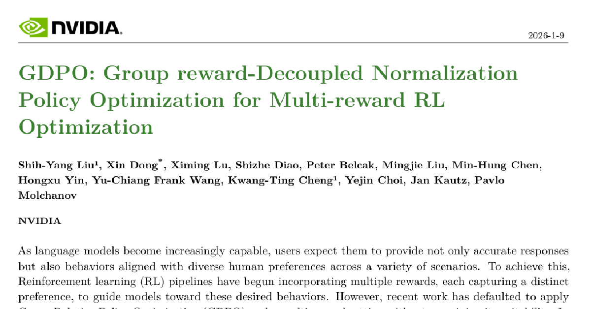 GDPO: Group reward-Decoupled Normalization Policy Optimization for Multi-reward RL Optimization cover