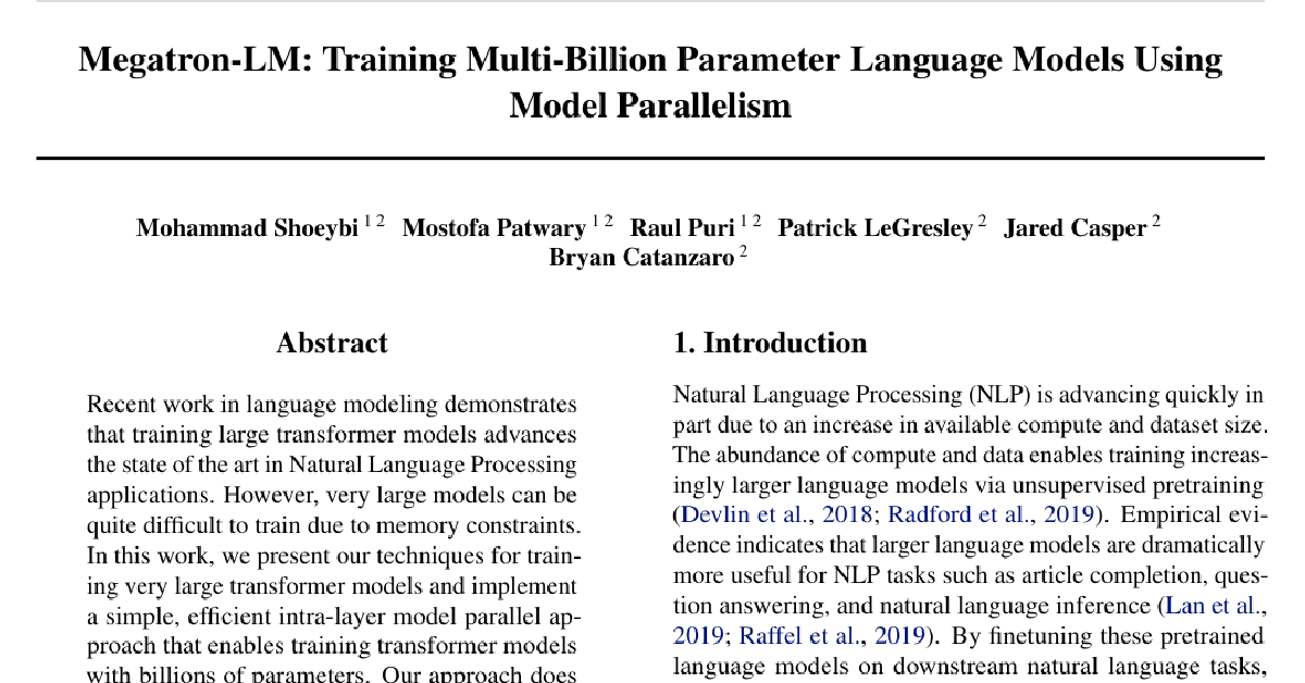 Megatron-LM: Training Multi-Billion Parameter Language Models Using Model Parallelism cover