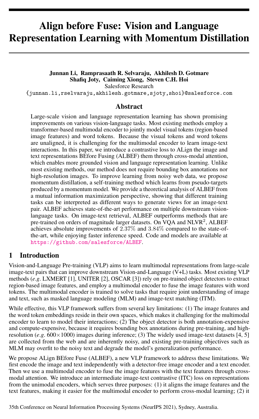 Align before Fuse: Vision and Language Representation Learning with Momentum Distillation