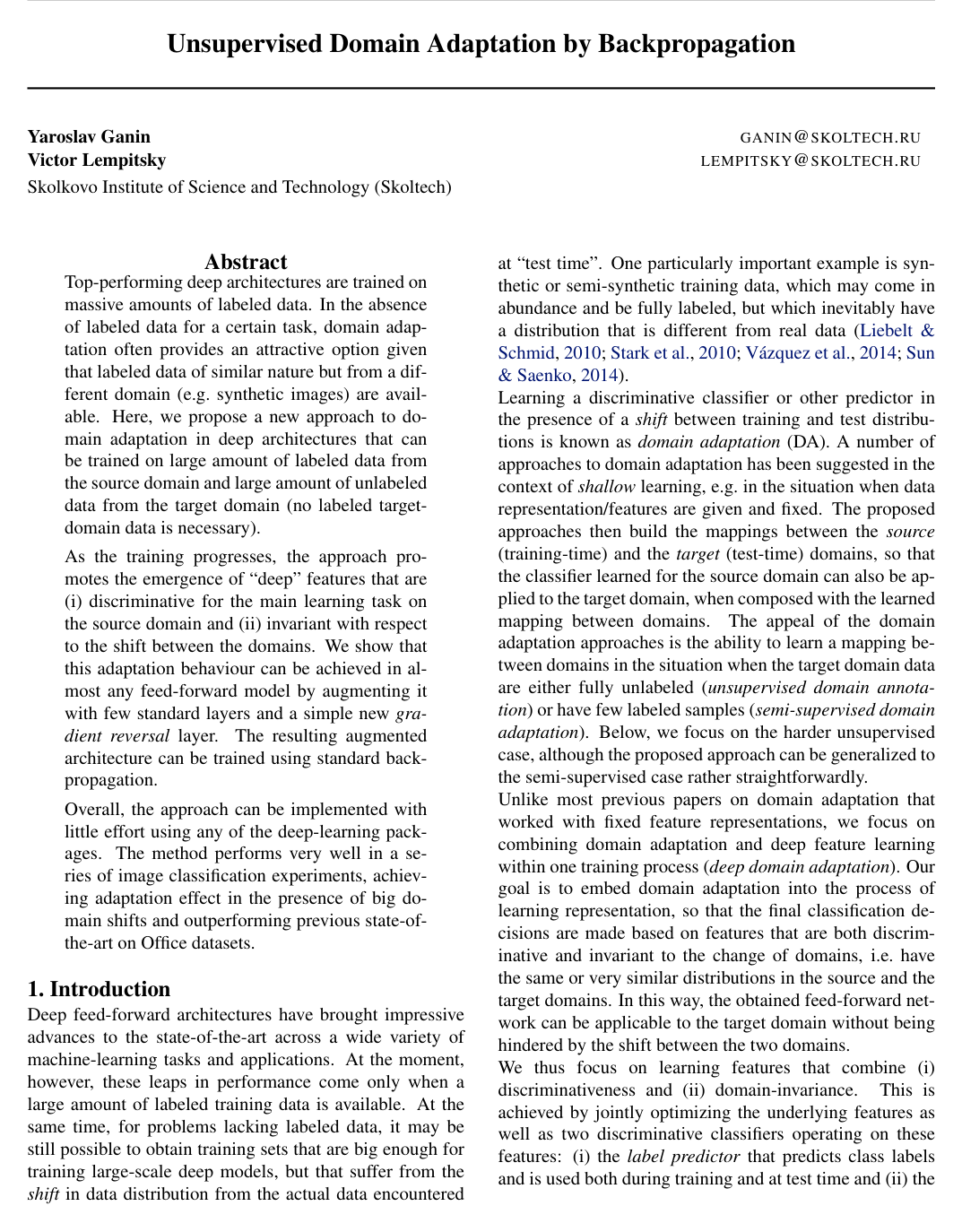 Unsupervised Domain Adaptation by Backpropagation